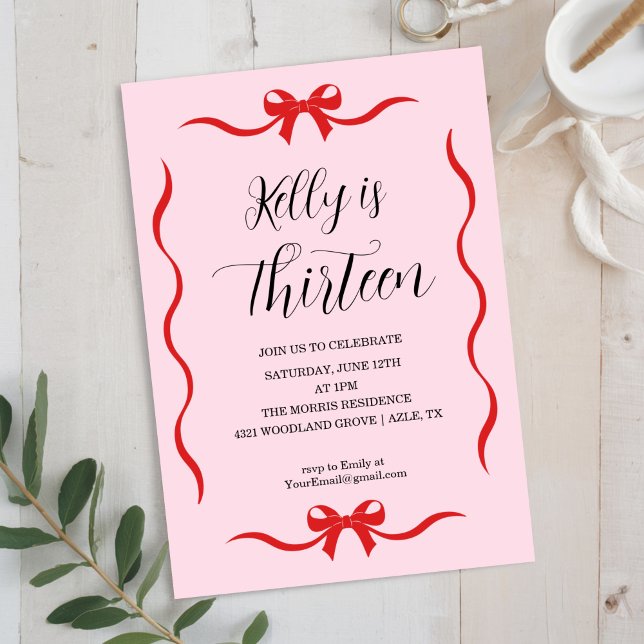 Convites Pink Bow Coquette Bow Birthday Invitation, 13th (Criador carregado)