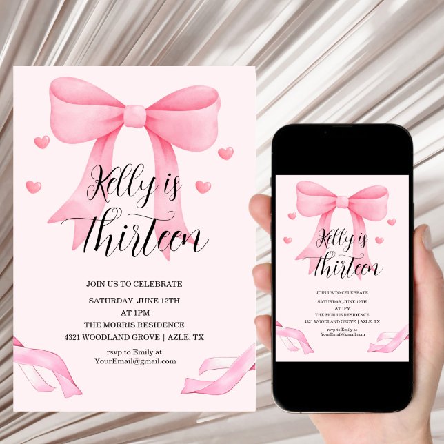 Convites Pink Bow Coquette Bow Birthday Thirteen Invitation (Criador carregado)