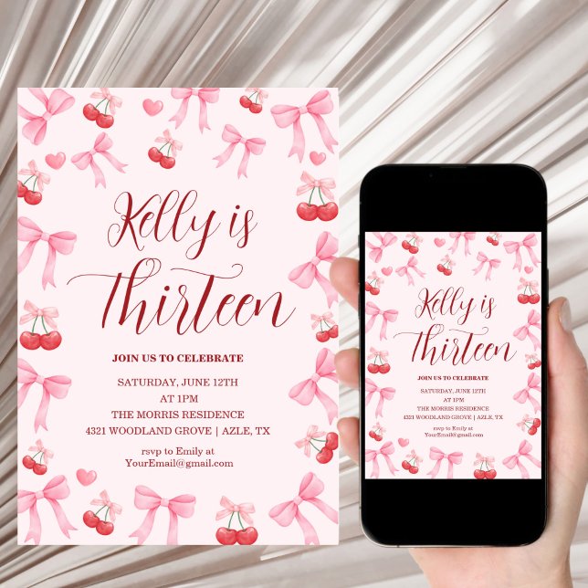 Convites Pink Bow Coquette Bow Cherry Birthday, 13th (Criador carregado)