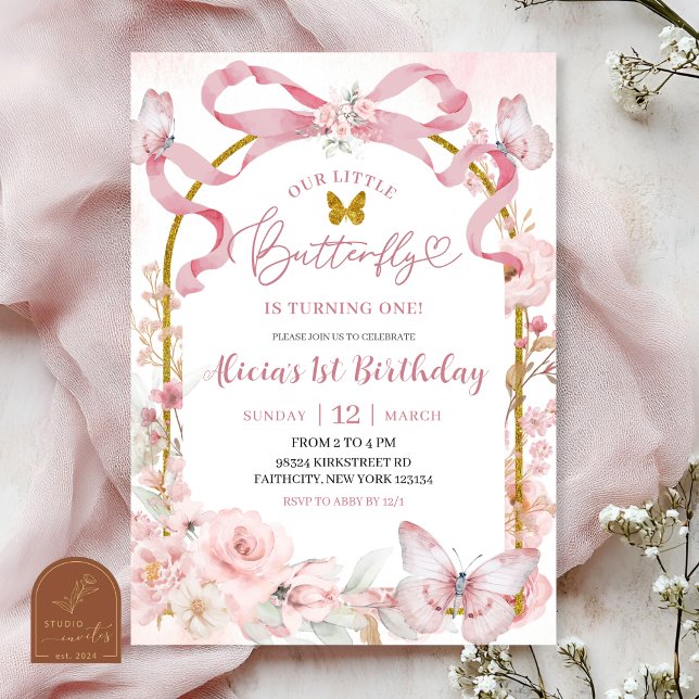 Convites Pink Bow Coquette Butterfly 1st Birthday Invitatio (Criador carregado)