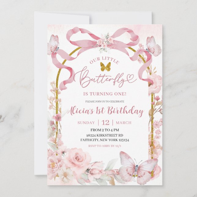Convites Pink Bow Coquette Butterfly 1st Birthday Invitatio (Frente)