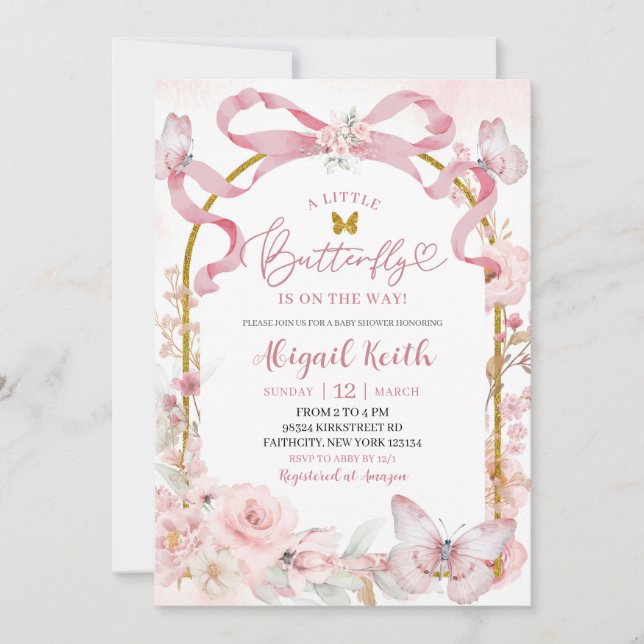 Convites Pink Bow Coquette Butterfly Baby Shower Invitation (Frente)