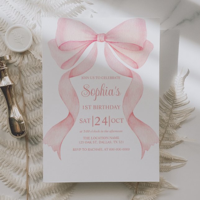 Convites Pink Bow Coquette First Birthday Invitation (Criador carregado)
