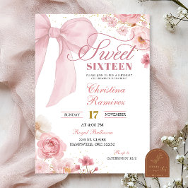 Convites Pink Bow Coquette floral Sweet Sixteen