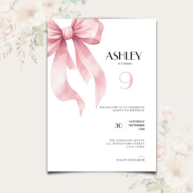 Convites Pink Bow Coquette for Girls 9th Birthday (Pink bow coquette ribbon 9th birthday invitation for girls)