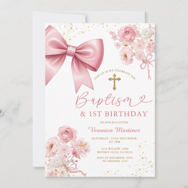 Convites Pink Bow Coquette Girl Baptism and Birthday Floral (Frente)