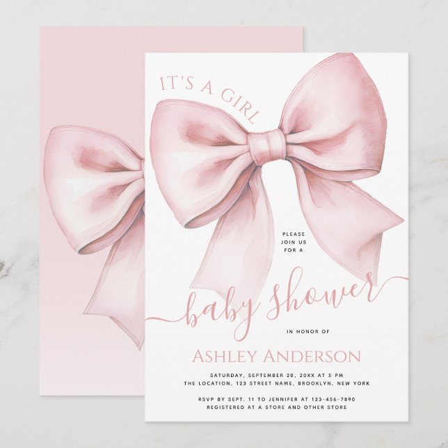 Convites Pink Bow Coquette It's a Girl Baby Shower (Frente/Verso)