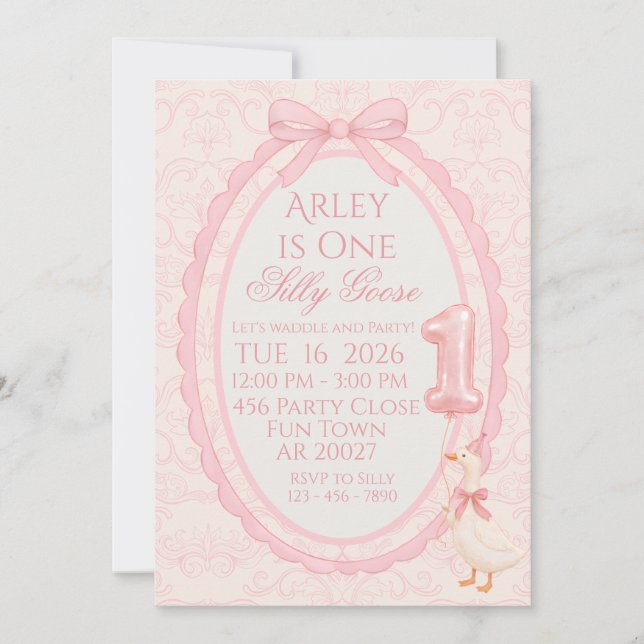 Convites Pink Bow Coquette Silly Goose 1st Birthday Invitat (Frente)