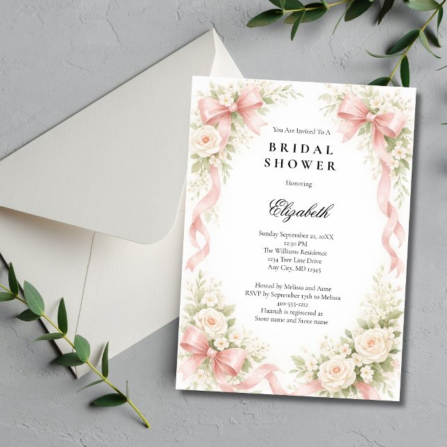 Convites Pink Bow Coquette White Rose Florals Bridal Shower (Pink Coquette Bow, White Roses Florals, Watercolor  Bridal Shower Invitation. Printed or Digital)