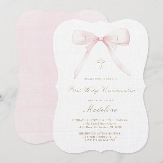 Convites  pink bow design First Holy Communion girl (Frente/Verso)