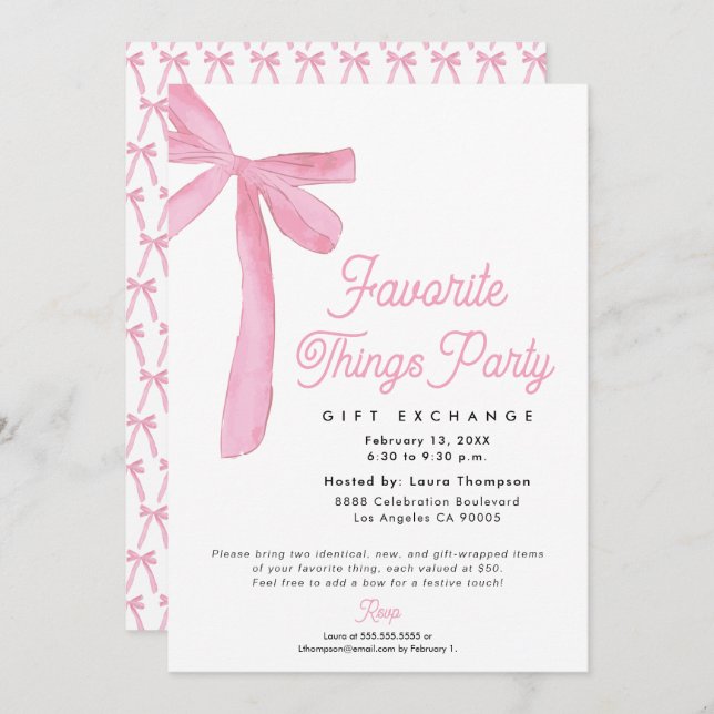 Convites Pink Bow Favorite Things Party Gift Exchange (Frente/Verso)