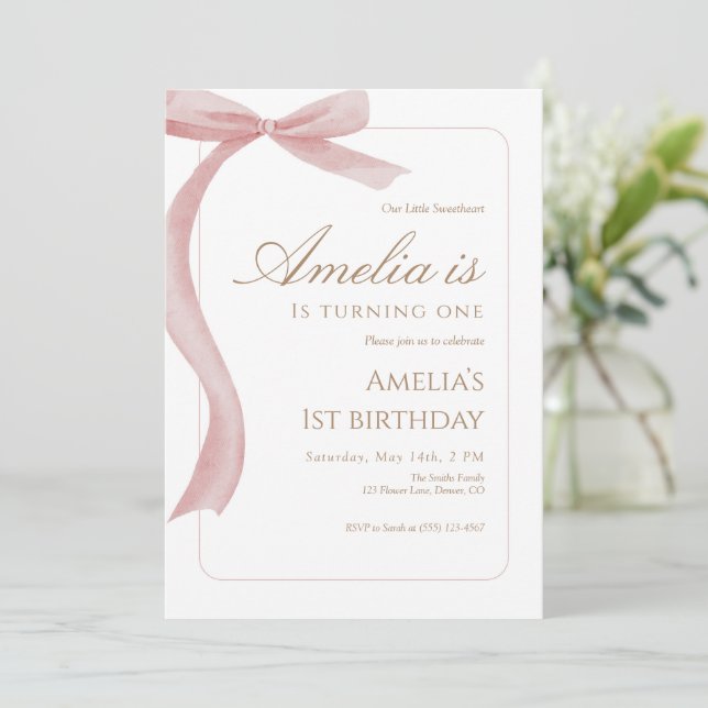 Convites Pink Bow First Birthday Invitation Watercolor  (Em pé/Frente)