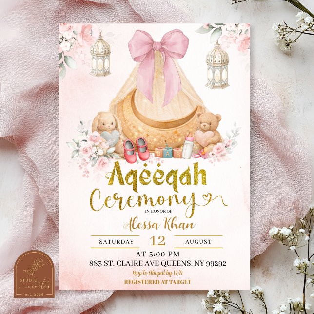 Convites Pink Bow Floral Aqeeqah Girl Invitation (Criador carregado)