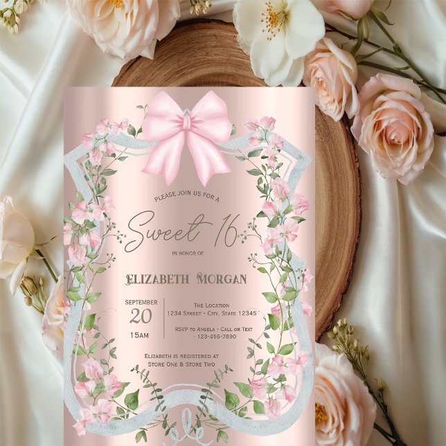 Convites Pink Bow Floral Frame Rose Gold Sweet 16  (Criador carregado)