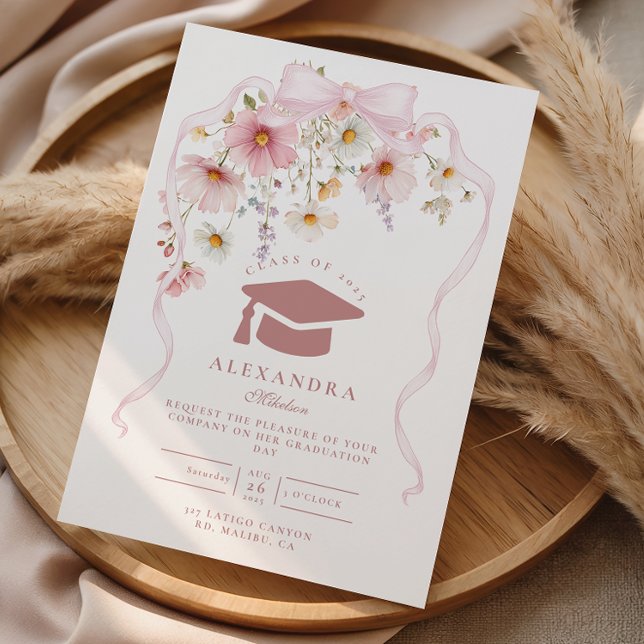Convites Pink Bow Floral Graduation (Criador carregado)