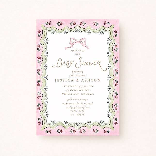 Convites Pink Bow Floral Scalloped Frame Baby Shower  (Criador carregado)