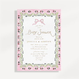 Convites Pink Bow Floral Scalloped Frame Baby Shower 