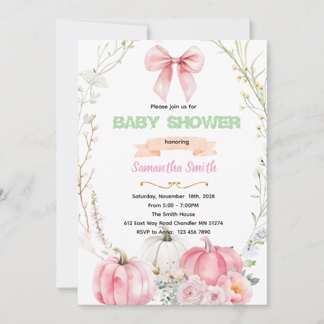 Convites Pink Bow flower pumpkin Invitation (Frente)