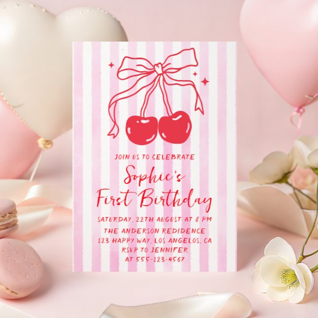 Convites Pink Bow Fruit Sweet Cherry First Birthday (Criador carregado)
