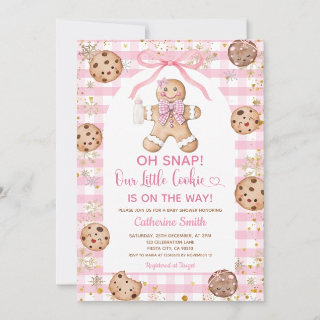 Convites Pink Bow Gingerbread Christmas Baby Shower Gingham (Frente)