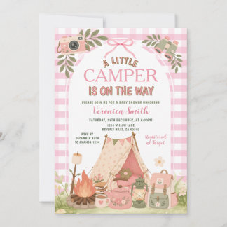 Convites Pink Bow Gingham Girl Camping baby Shower