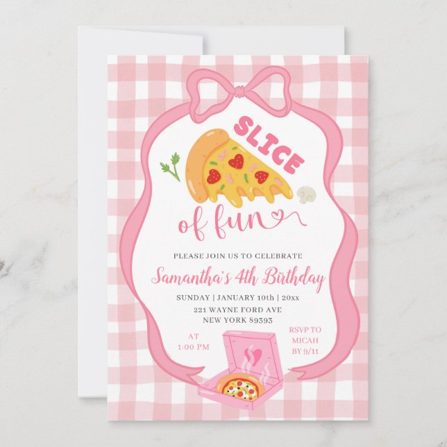 Convites Pink Bow Gingham Slice of Fun pizza birthday  (Frente)