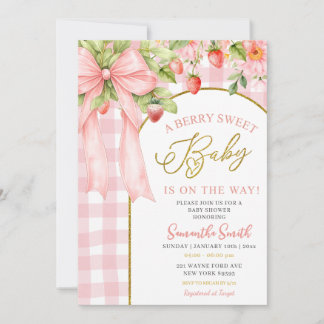 Convites Pink Bow Gingham Strawberry Baby Shower