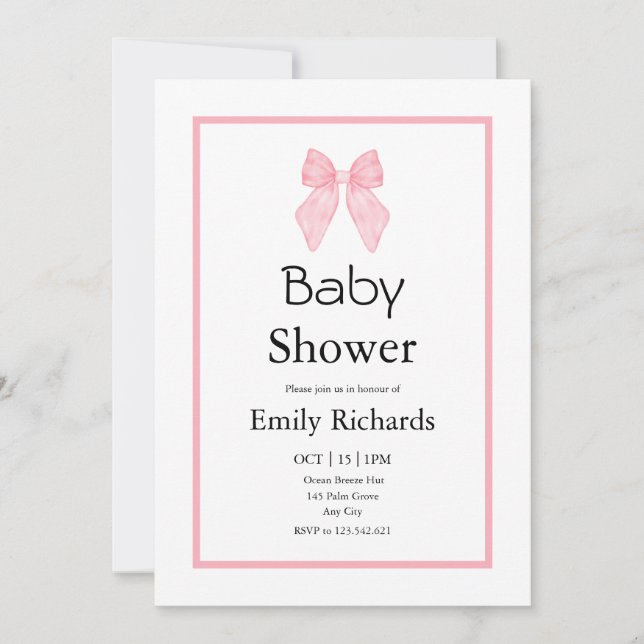 Convites Pink Bow Girl Baby Shower  (Frente)