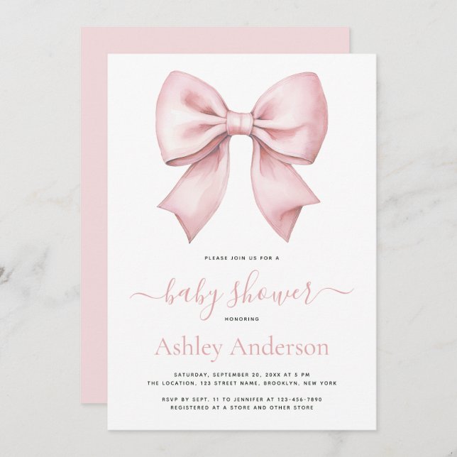 Convites Pink Bow Girl Baby Shower (Frente/Verso)
