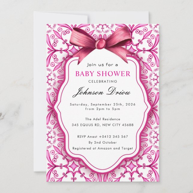 Convites Pink Bow Girl Baby Shower (Frente)
