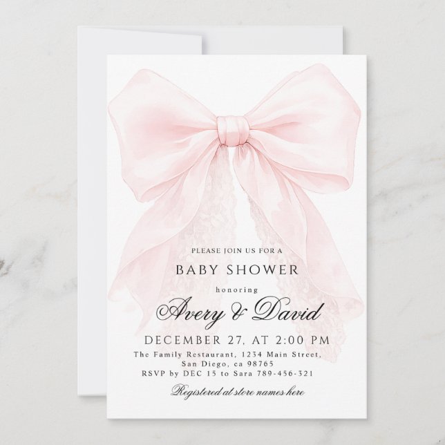 Convites Pink Bow Girl Modern Baby Shower  (Frente)