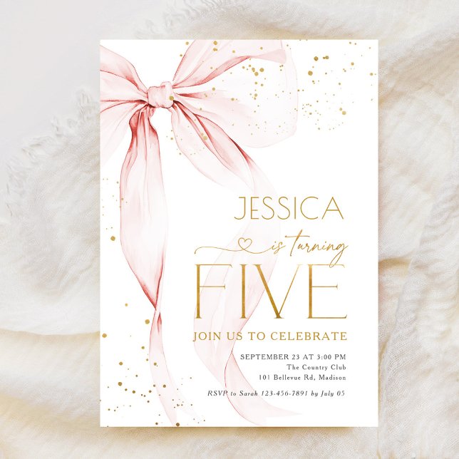 Convites Pink Bow Girls 5th Birthday  (Criador carregado)