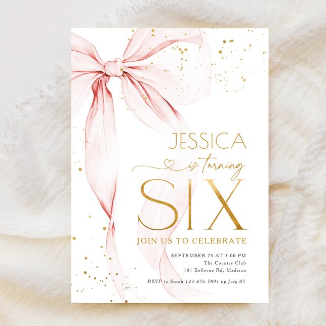 Convites Pink Bow Girls 6th Birthday  (Criador carregado)