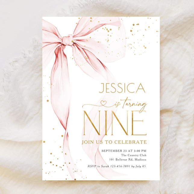 Convites Pink Bow Girls 9th Birthday  (Criador carregado)