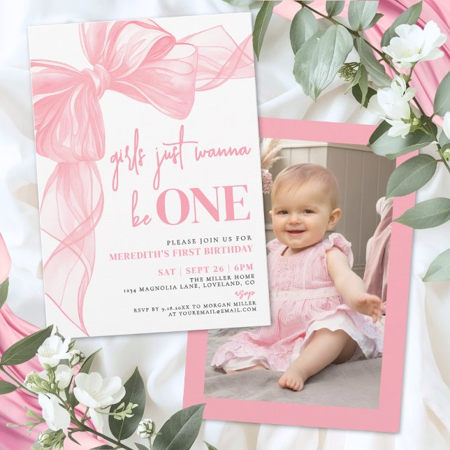 Convites Pink Bow Girls Just Wanna Be ONE 1st Birthday (Pink Bow Girls Just Wanna Be ONE 1st Birthday Invitation)