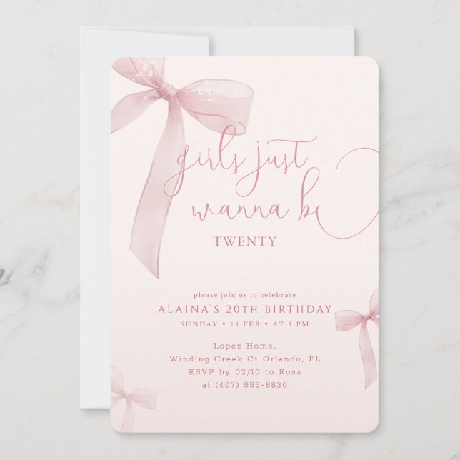Convites Pink Bow Girls Just Wanna be Twenty Birthday (Frente)