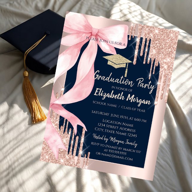 Convites Pink Bow Glitter Grad Cap,Drips Navy Blue   (Criador carregado)