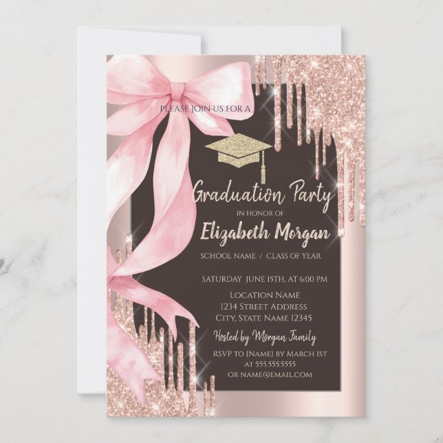 Convites Pink Bow Glitter Grad Cap,Drips Photo Brown  (Frente)