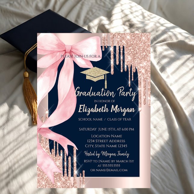 Convites Pink Bow Glitter Grad Cap,Drips Photo Navy Blue   (Criador carregado)