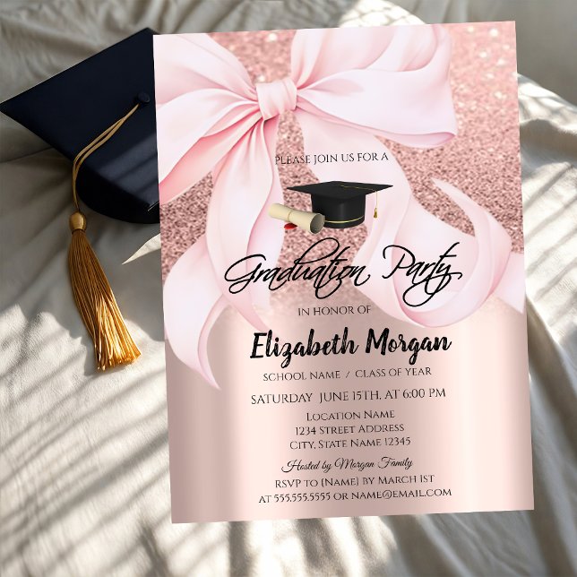 Convites Pink Bow Grad Cap Rose Gold Glitter Graduation (Criador carregado)