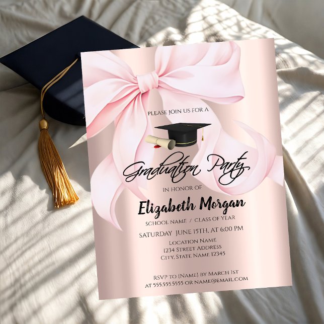 Convites Pink Bow Grad Cap Rose Gold Your Photo Graduation (Criador carregado)