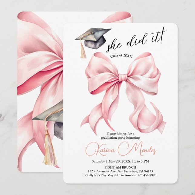 Convites Pink Bow Graduation Invitation She Did it  (Frente/Verso)