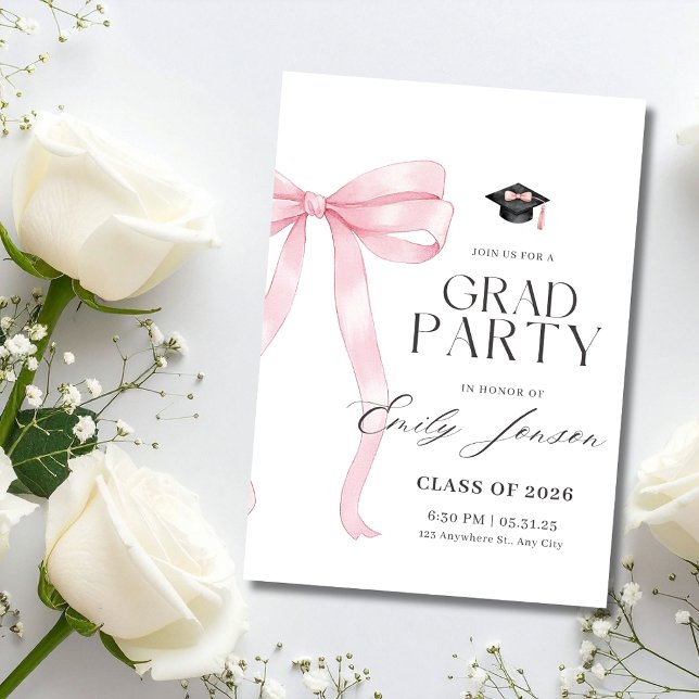 Convites Pink Bow Graduation Party Coquette Modern Graduate (Criador carregado)