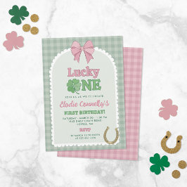 Convites Pink Bow Horseshoe Clover Lucky One Birthday