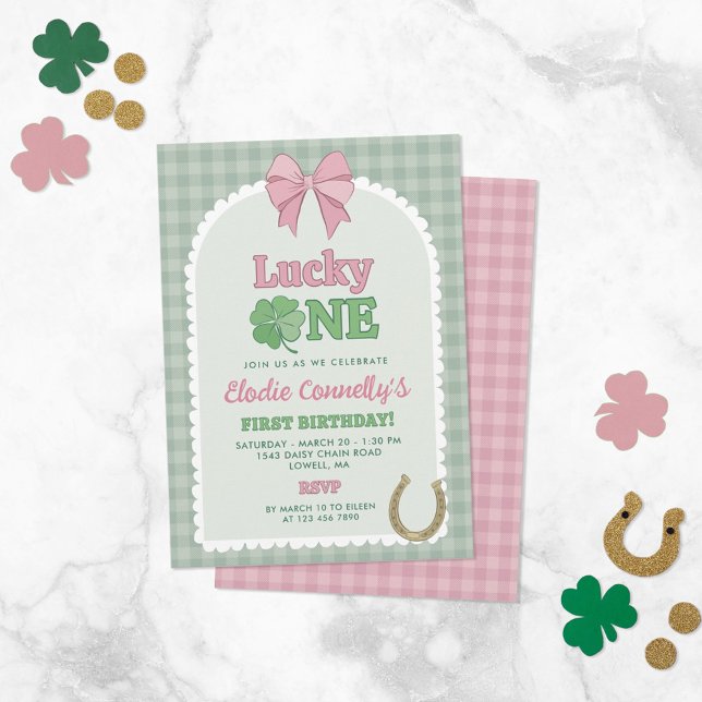 Convites Pink Bow Horseshoe Clover Lucky One Birthday (Criador carregado)