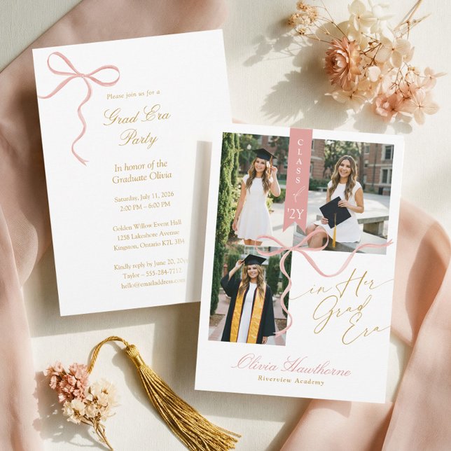 Convites Pink Bow In Her Grad Era Elegant Photo Graduation (Pink Bow In Her Grad Era Elegant Photo Graduation Invitation)
