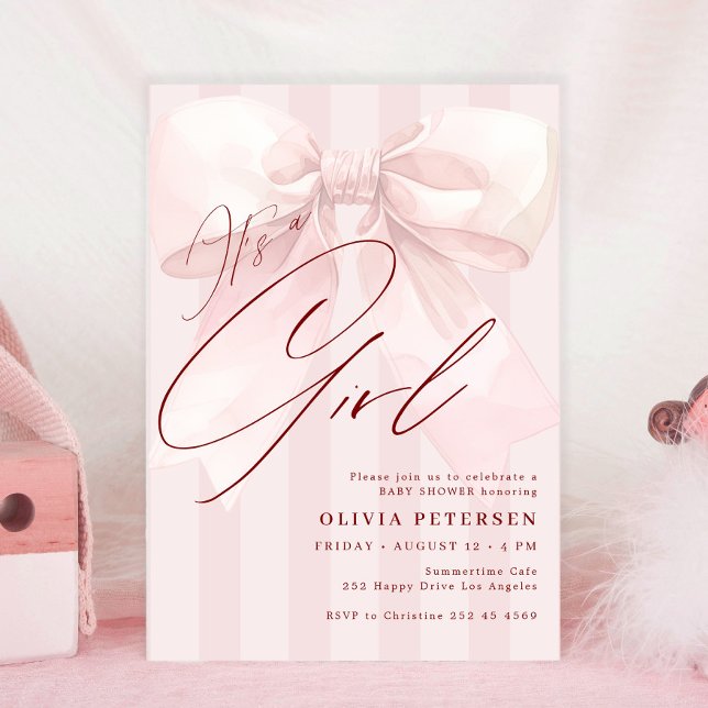 Convites Pink bow its a girl script girl baby shower (Criador carregado)