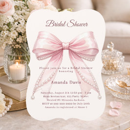 Convites Pink bow ivory pearls elegant Bridal Shower