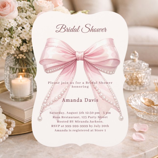 Convites Pink bow ivory pearls elegant Bridal Shower (Criador carregado)
