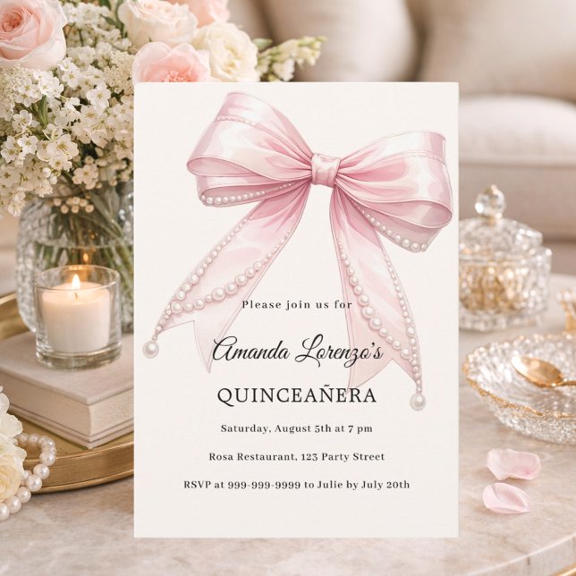 Convites Pink bow ivory pearls elegant Quinceanera luxury (Criador carregado)